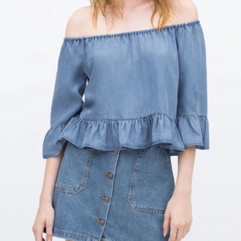 Zara premium denim Chambray peplum off the shoulder ruffle top - Picture 2 of 5